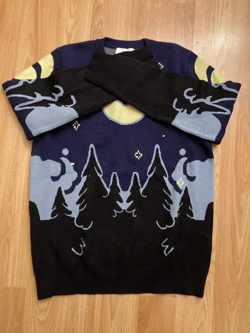 Bison Wares Midnight Forest Moon Night Sky Pattern Knit Sweater - Picture 2 of 4
